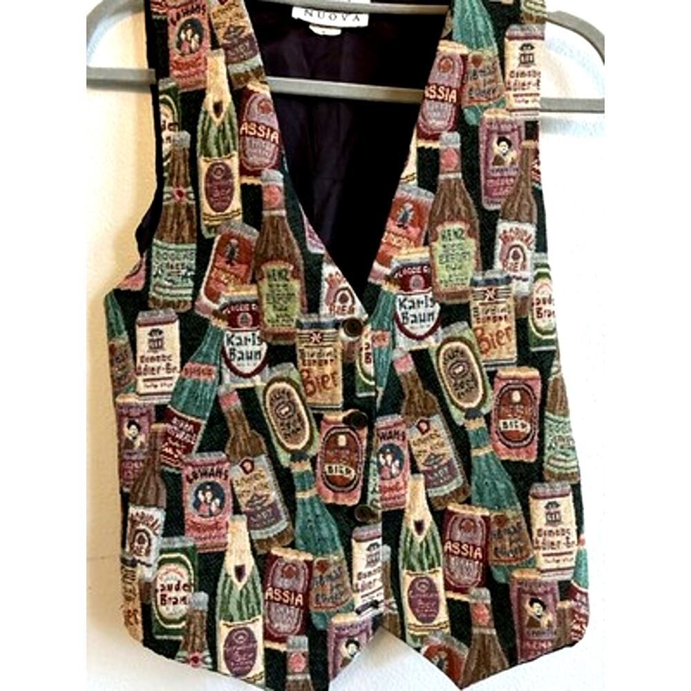 VTG 90s Tapestry Beer Vest Bartender Cocktail Novelty Bottles Granny Teacher M/L